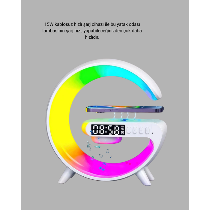 Bluetooth Hoparlörlü RGB Atmosfer Lambası Kablosuz Şarj ve Saat Özellikli -