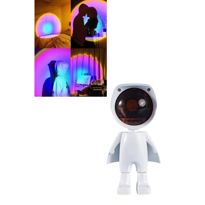 Astronot Işık Projektörü Gökkuşağı Projeksiyon Gece Lambası Hediyelik -