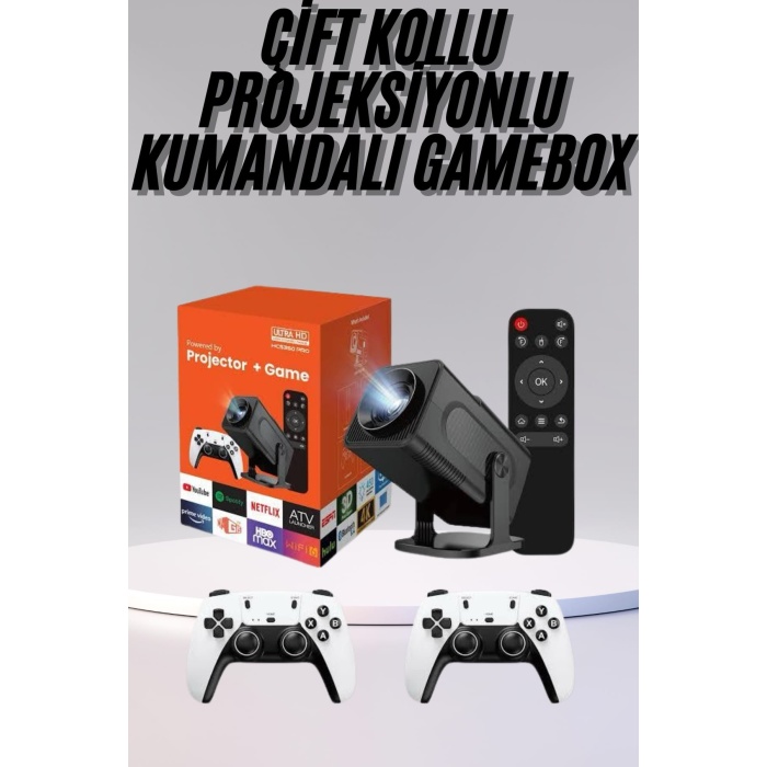 Çift Kollu Game Box Projeksiyon Cihazı Kumandalı Android Tv Dahili Hoparlör -