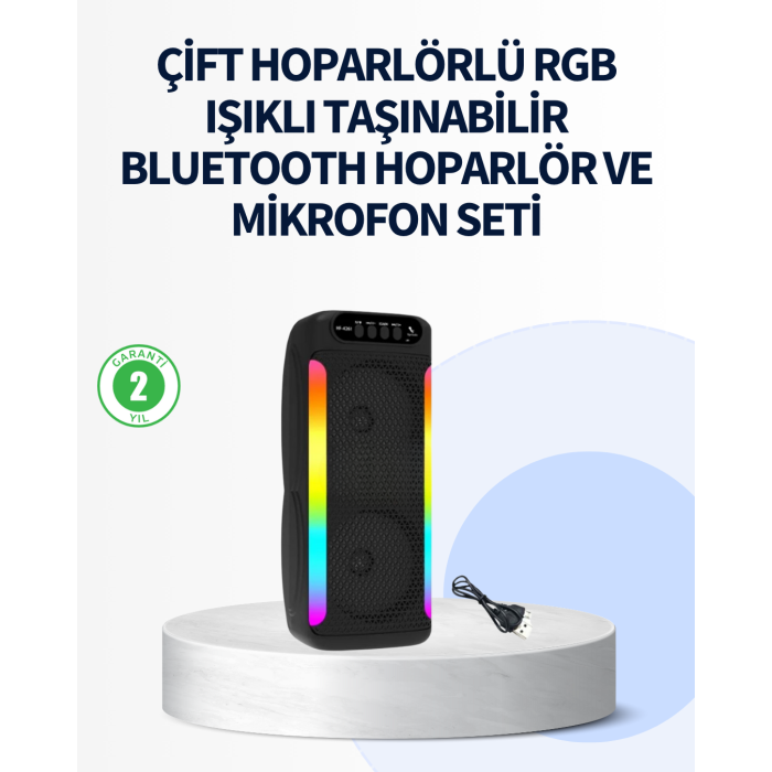 RGB Işıklı Çift Hoparlörlü Taşınabilir Bluetooth Speaker ve Mikrofon -