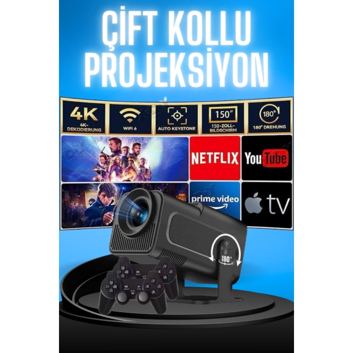 Projektör Siyah Android Taşınabilir Sinema Projeksiyon Wifi Destekli En Güncel Sürüm Akıllı -