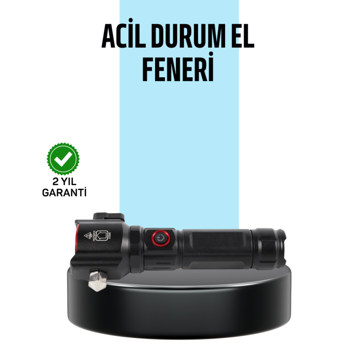 USB Şarjlı Çok Amaçlı El Feneri Çekiçli Pusulalı -