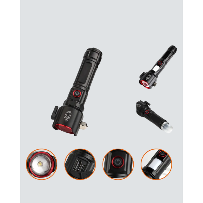 Çekiçli Pusulalı Acil Durum Feneri USB Şarjlı Çok Fonksiyonlu -