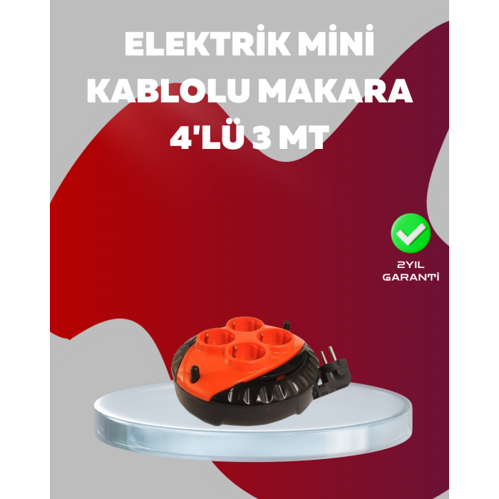 3 Metre Kablolu 4’lü Kırmızı Priz Makara -
