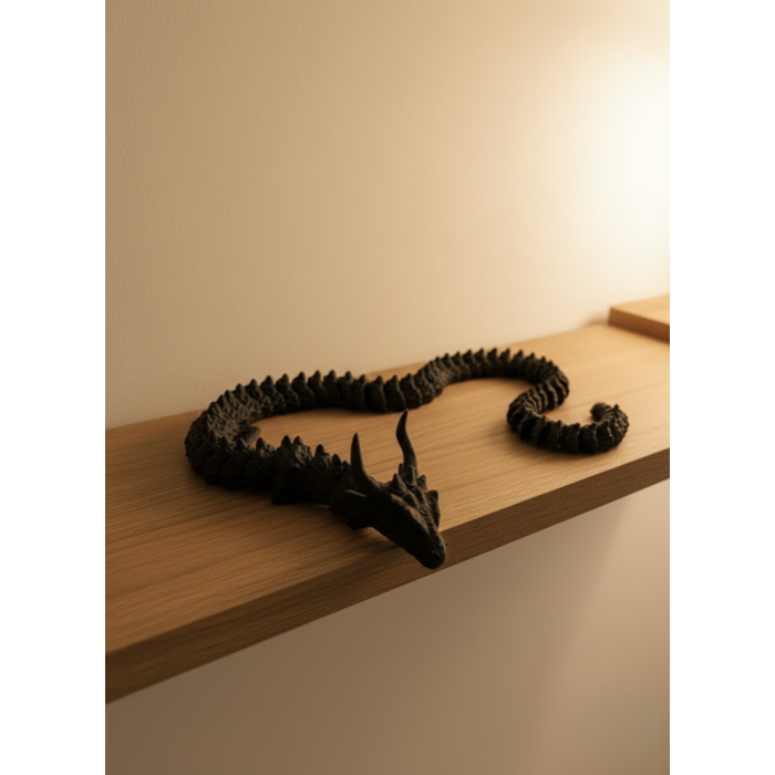Hareketli Siyah Ejderha Figür Uzun Gövdeli Fantastik Masa ve Raf Dekoru -