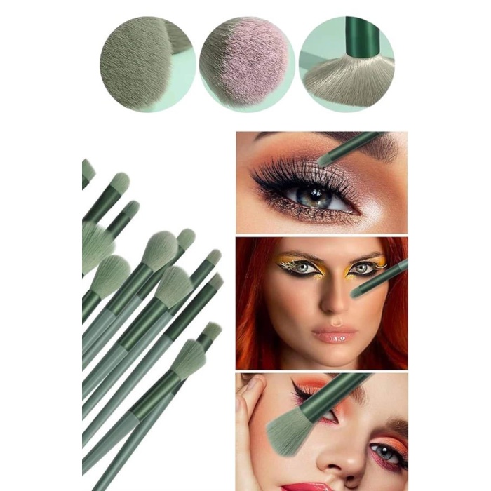 Makyaj Fırça Seti Yeşil 13 Parça Fondöten Fırçası Allık Fırçası Far Fırçası -