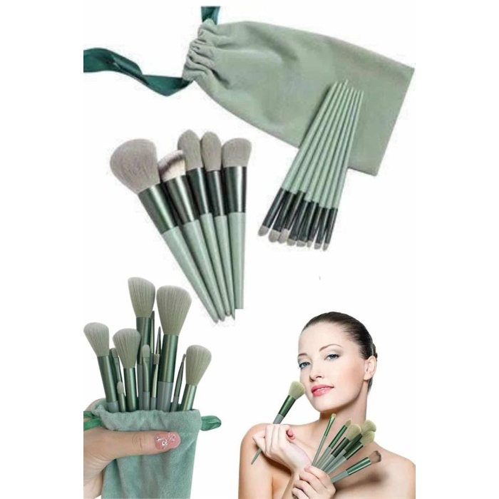 Makyaj Fırça Seti Yeşil 13 Parça Fondöten Fırçası Allık Fırçası Far Fırçası -