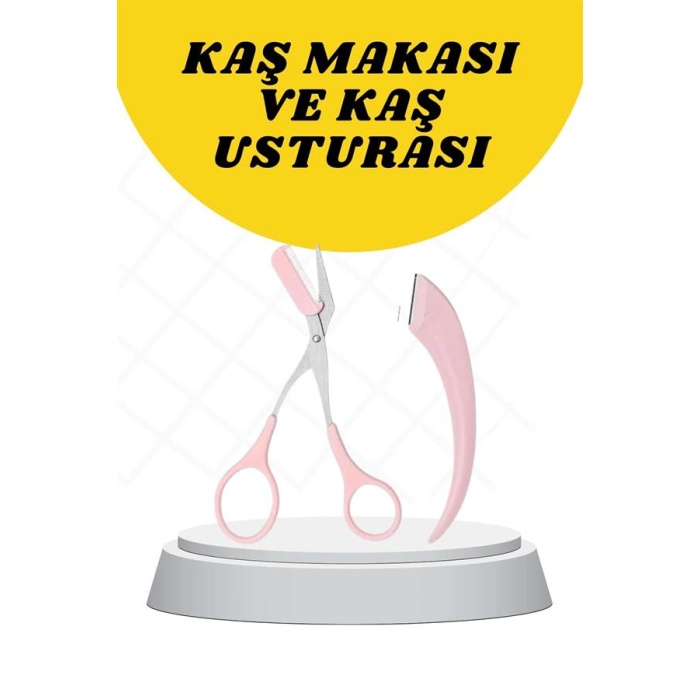 Kavisli Kaş Düzeltici Seti Kaş Makası ve Kaş Usturası Paslanmaz Çelik Bıçaklı -
