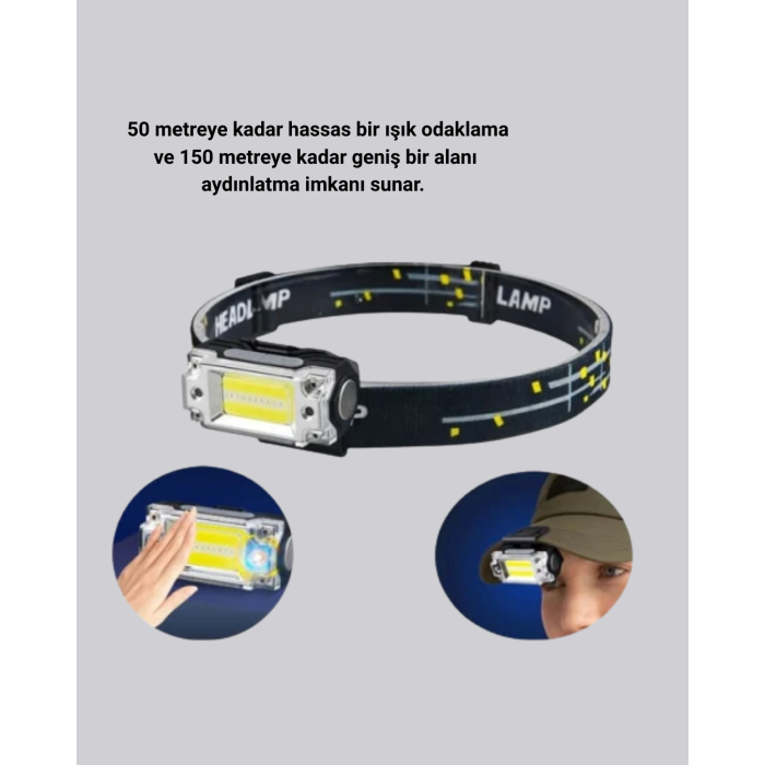 USB Şarjlı Mini LED KAFA Feneri 50m Odak 150m Geniş Aydınlatm -