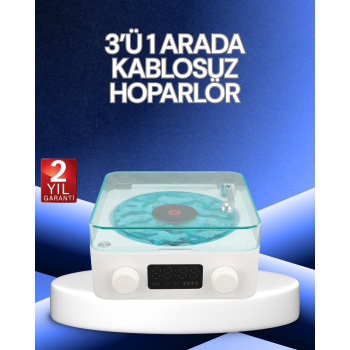 3-1 Kablosuz Bluetooth Hoparlör – Gece Lambalı, Saatli, Retro Tasarım -