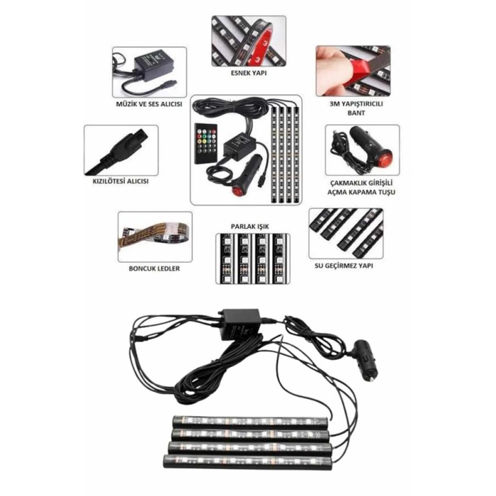 Araç İçi Ayak Altı Led 12 Led Işık Sese Müziğe Duyarlı RGB Işıklı Aydınlatma Seti -
