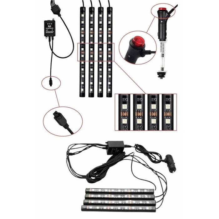 RGB Işıklı Araç İçi Aydınlatma Kumandalı 12li Led Işık Renk Değiştirebilen -