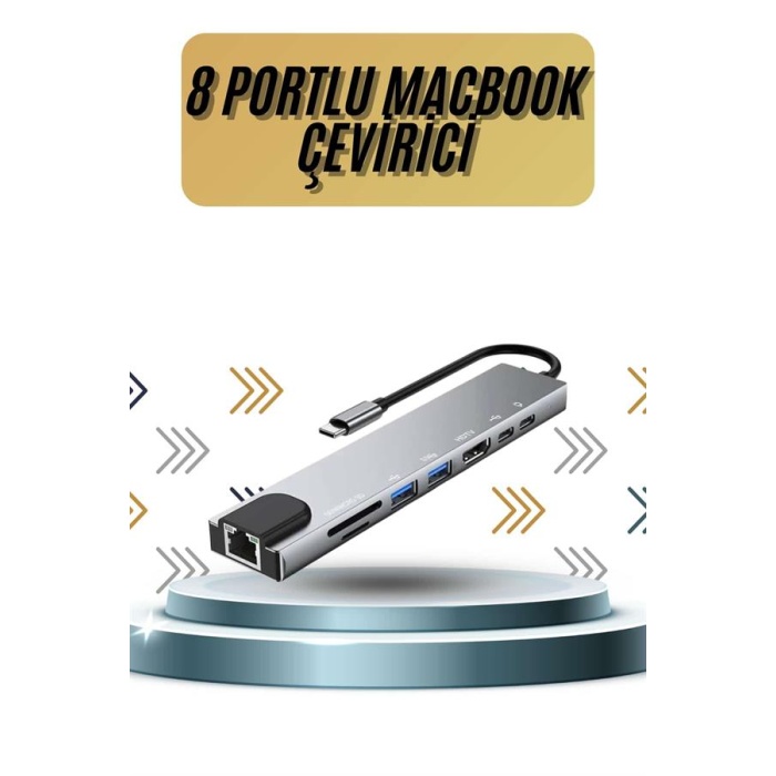 8 Portlu Macbook Çevirici Type C Hub SD TF USB Çoğaltıcı Ethernet -
