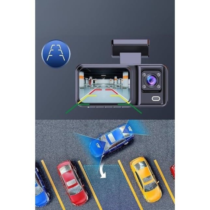 Araç Kamerası - 3 Kameralı Wifi Ön , İç ve Arka Full HD DVR Araç İçi Ekranlı Kamera -