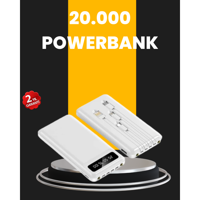LED Işıklı 20.000mAh Powerbank LCD Gösterge Dahili Çoklu Kablo -