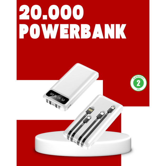 20.000mAh PD Powerbank LED Işık LCD Ekran Dahili Kablo Çoklu Giriş -