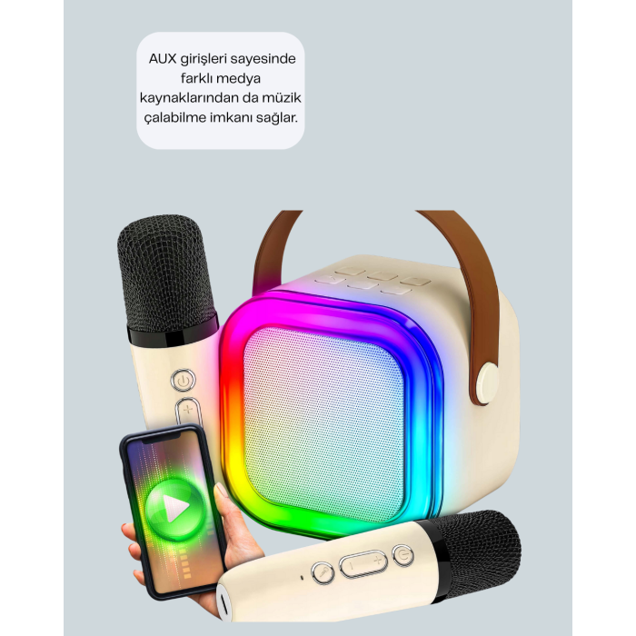 LED Işıklı Taşınabilir Karaoke Hoparlör – USB & AUX Girişli -