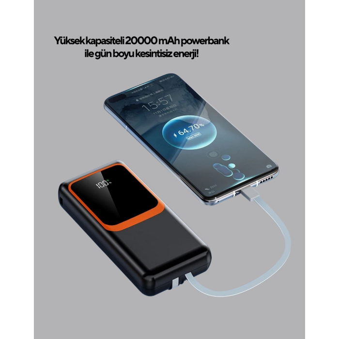 Powerbank 20000 mAh Dijital Ekranlı ve Çok Kablolu Hızlı Şarj Cihazı -