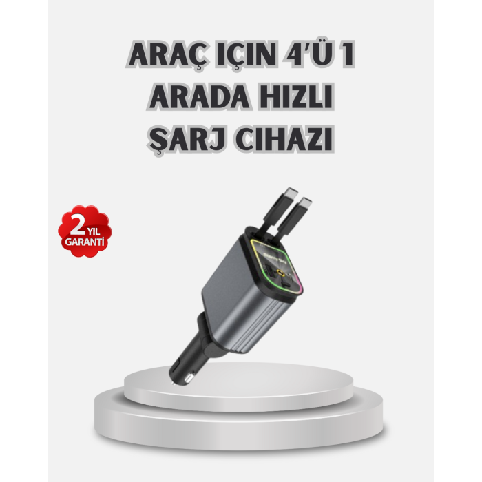 Araç Şarj Cihazı 4 Portlu 66W Hızlı Şarjlı LED Işıklı ve 180° Dönebilir -