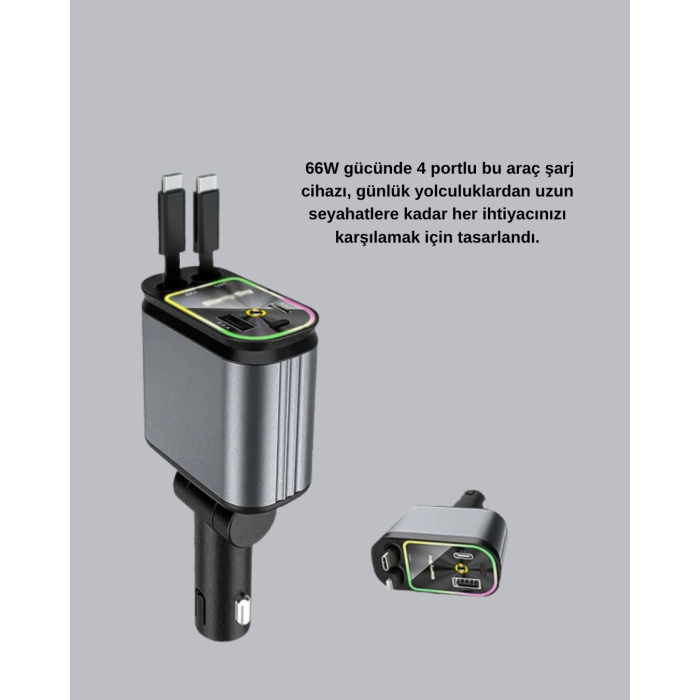 Araç Şarj Cihazı 4 Portlu 66W Hızlı Şarjlı LED Işıklı ve 180° Dönebilir -