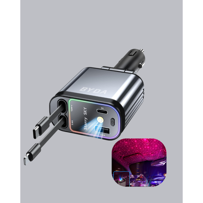 Araç Şarj Cihazı 4 Portlu 66W Hızlı Şarjlı LED Işıklı ve 180° Dönebilir -