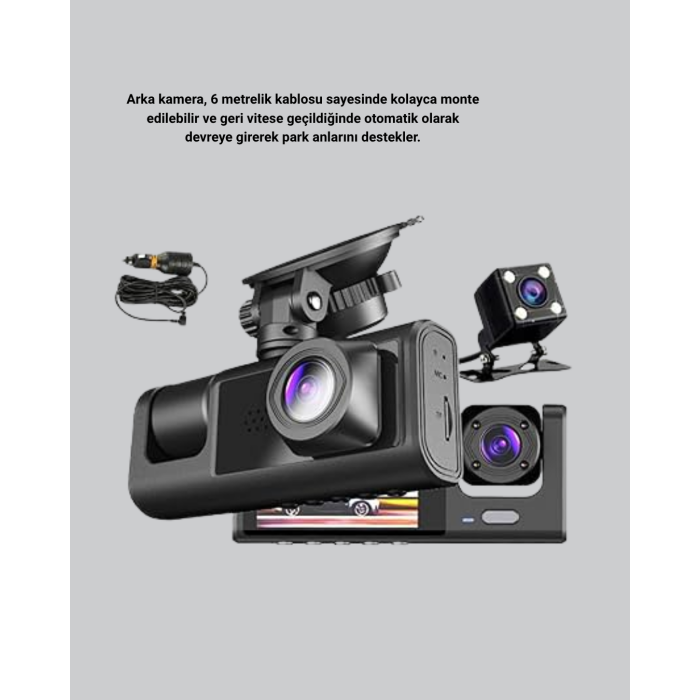 Üç Kameralı Araç DVR Full HD Gece Görüşlü ve 2 inç IPS Ekranlı -