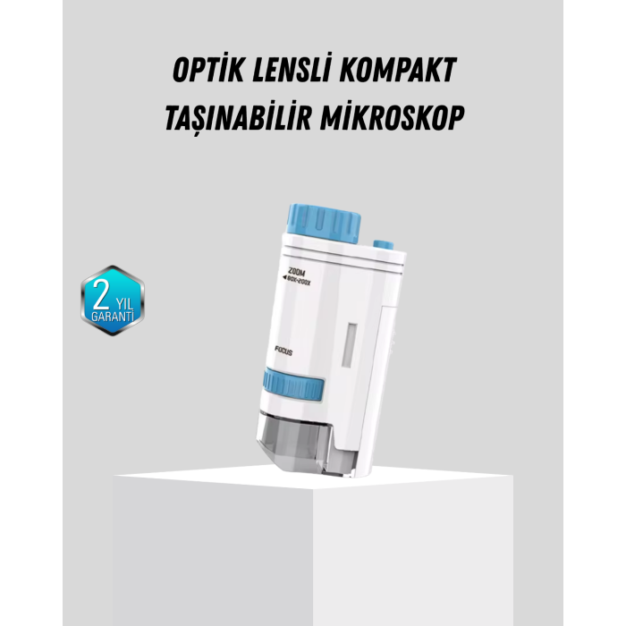 Taşınabilir Mini Mikroskop LED Işıklı 80X–200X Büyütmeli ve Odak Ayarlı -
