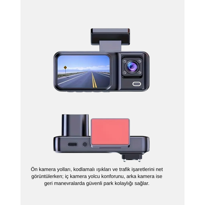 Üç Kameralı Dash Cam 170° Geniş Açılı Full HD Gece Görüşlü -