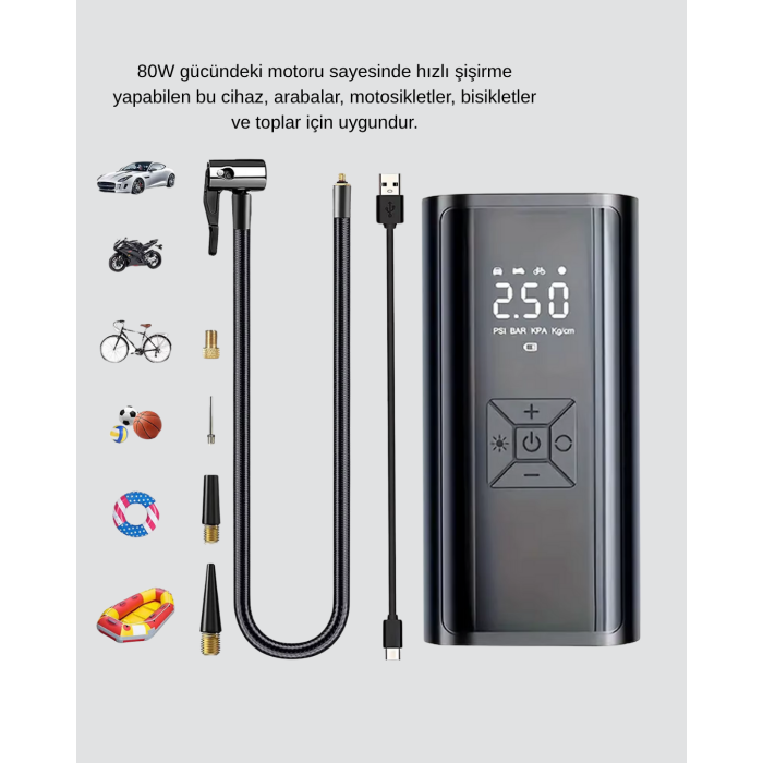 Taşınabilir 80W Kablosuz Lastik Şişirme Pompası Dijital Ekranlı -