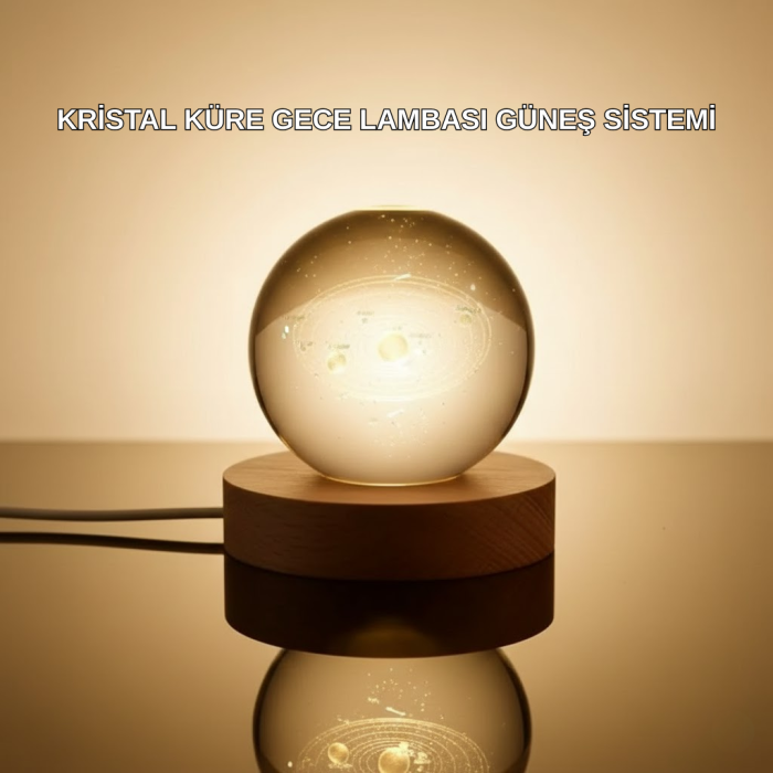 Kristal Gezegen Küre Ahşap Tabanlı USB Işıklı Gece Lambası -