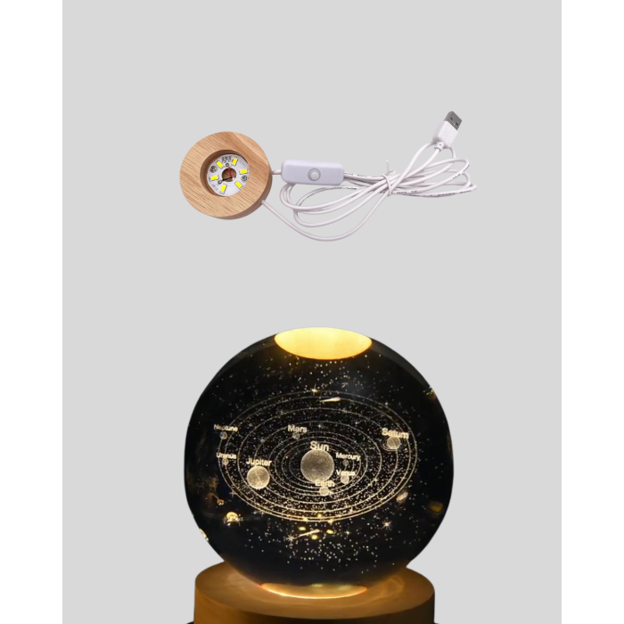 Dekoratif LED Kristal Küre Ahşap Altlıklı Şık Gece Lambası -