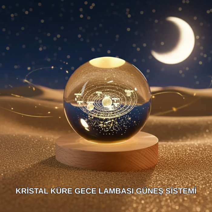 Dekoratif LED Kristal Küre Ahşap Altlıklı Şık Gece Lambası -