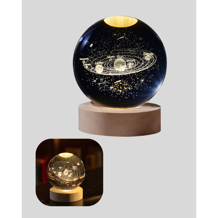 USB Bağlantılı Işıklı Kristal Küre Modern Ahşap Tabanlı Dekor -
