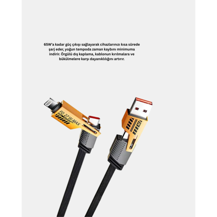 65W Çoklu Şarj Kablosu 4’ü 1 Arada Örgülü Hızlı Veri Aktarım USB-C USB-A -