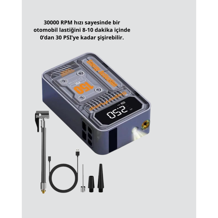 Şarjlı Kablosuz Hava Pompası – 150 PSI Basınç, LED Ekran ve 6000mAh Batarya -