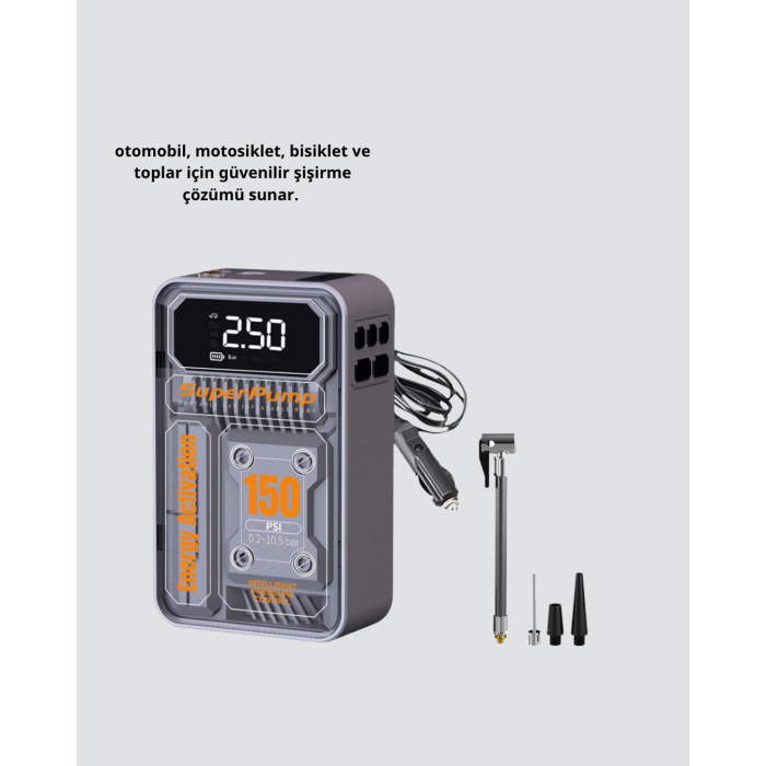 Taşınabilir Kablosuz Hava Pompası – 150 PSI Güçlü Basınç ve 6000mAh Şarjlı -
