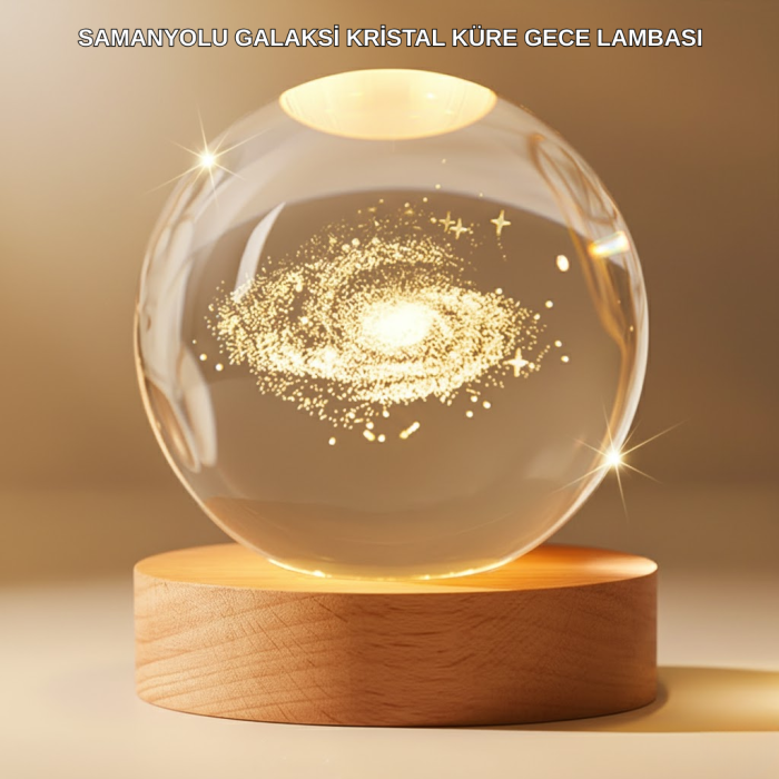 Gün Işığı LED’li 3D Kristal Galaksi Küre Ahşap Tabanlı Dekoratif Lamba -
