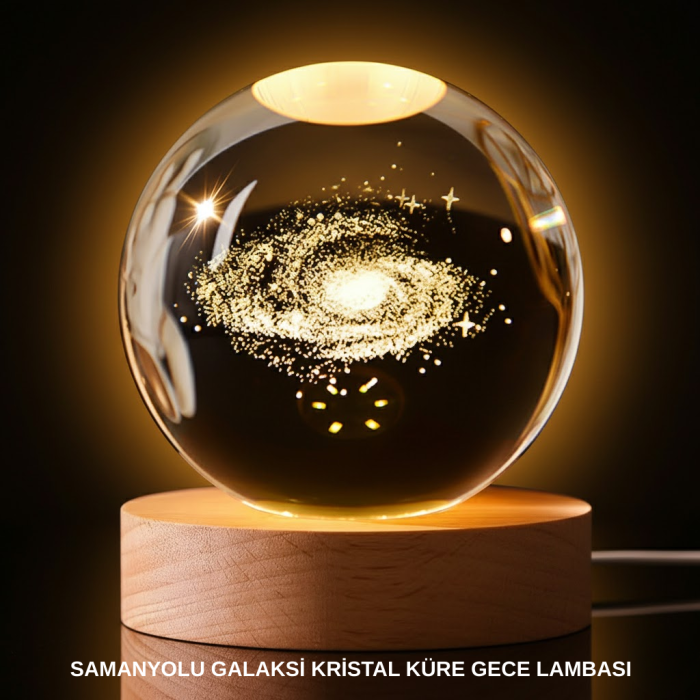 3D Samanyolu Galaksi Kristal Küre USB LED Işıklı Ahşap Standlı Gece Lambası -