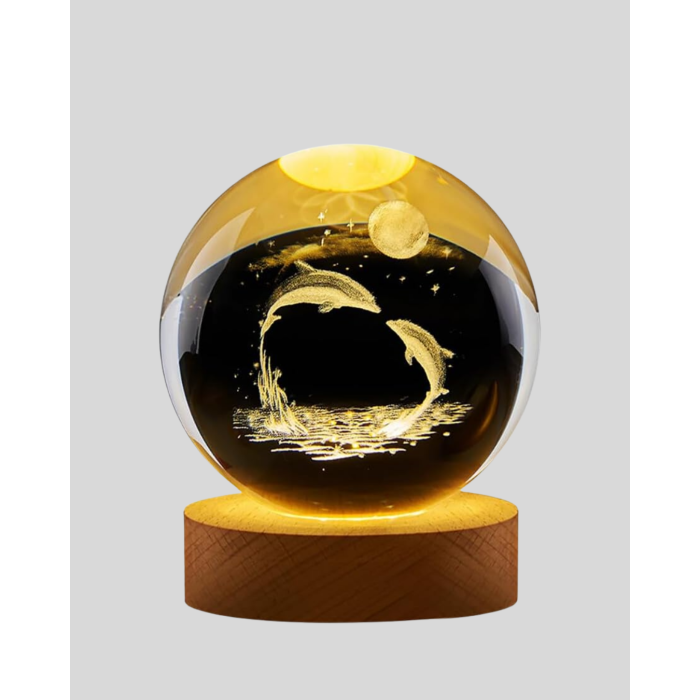 3D Yunus Desenli Kristal Küre Ahşap Tabanlı Işıklı Dekor Objesi -