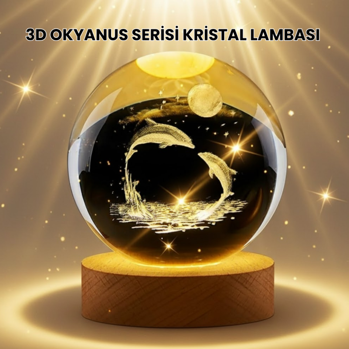 Lazer İşlemeli Yunus Kristal Küre Sıcak Işıklı Ahşap Standlı -