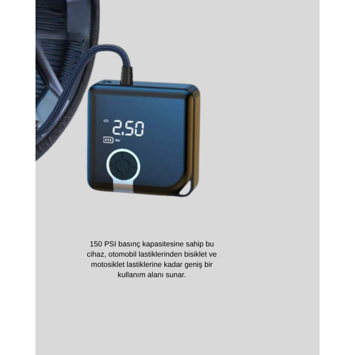 Dijital Ekranlı Şarjlı Hava Kompresörü 150 PSI Güçlü Motorlu -