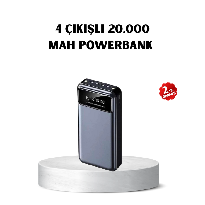 Powerbank 20000 mAh Hızlı Şarjlı LED Fenerli ve 4 Portlu -