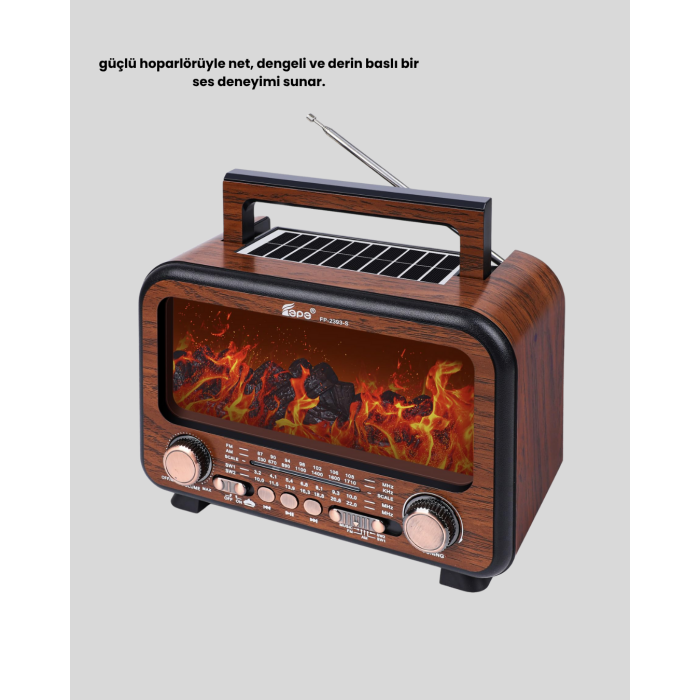 Şömine Efektli Solar Hoparlör Bluetooth 5.3 Radyo AUX USB TF Destekli -
