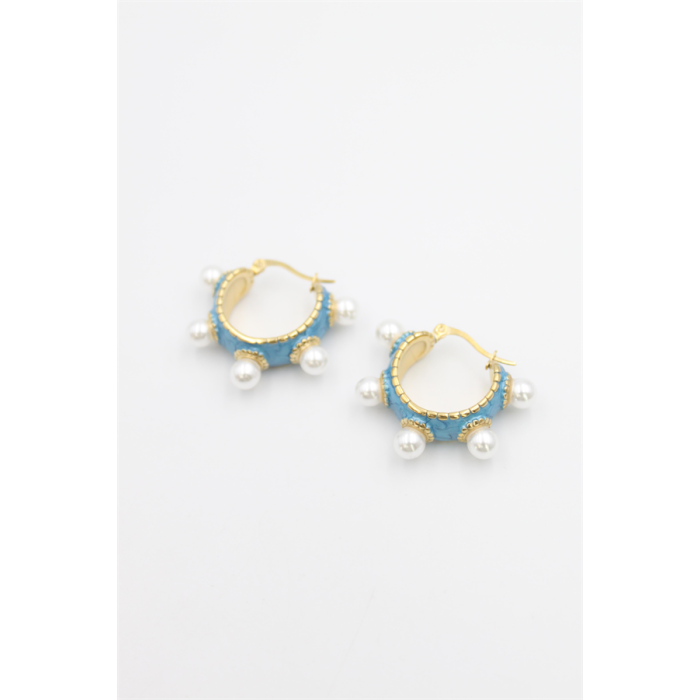 İncili Mineli Halka Küpe - Turkuaz