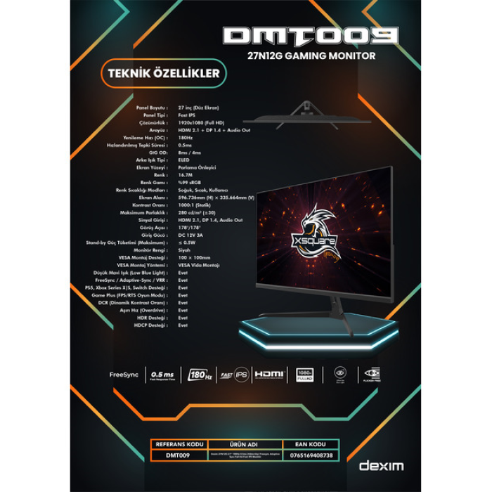 Dexim 27N12G 27 180Hz 8Ms Gtg - 4Ms Oc - 0.5Ms Mprt  (Hdmı+Dp) Freesync Uyarlamalı Senkronizasyon