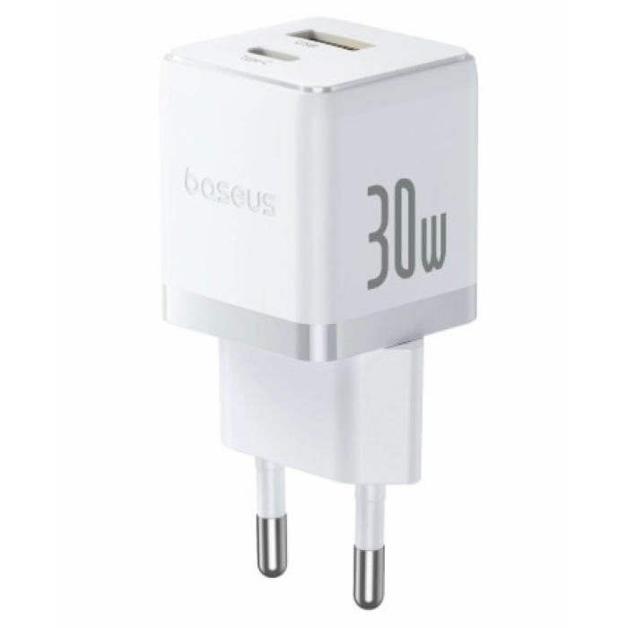 Baseus Palm Serisi EU Type-C Ve USB Portlu 30W Hızlı Şarj Adaptörü-Beyaz