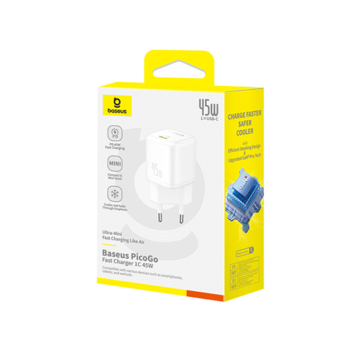 Baseus Picogo Serisi Gan Type-C 45W Hızlı Şarj Adaptörü-Beyaz