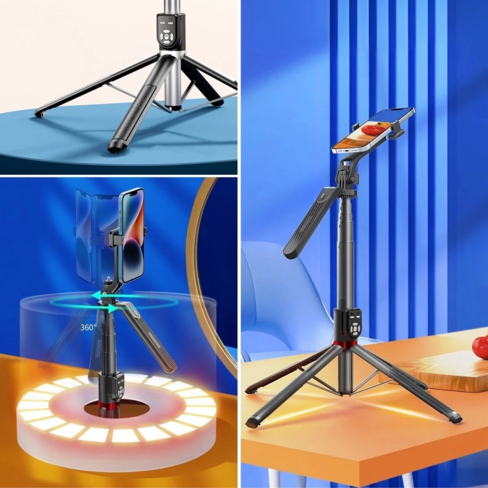Kumandalı 360 Derece Dönebilen Cep Telefonu Ve Kamera Tripodu 2.2m Uzayabilen Selfie Çubuğu ( Lisinya )