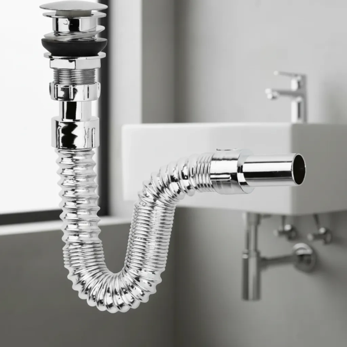 Krom Basmalı Sifon -Körüklü Sifon Bas Stoplu Lavabo Mutfak Sifonu-Paslanmaz ( Lisinya )