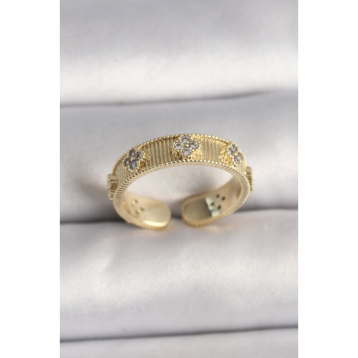 Pirinç Gold Renk Zirkon Taşlı Yonca İşlemeli Ayarlanabilir Yüzük - Lisinya
